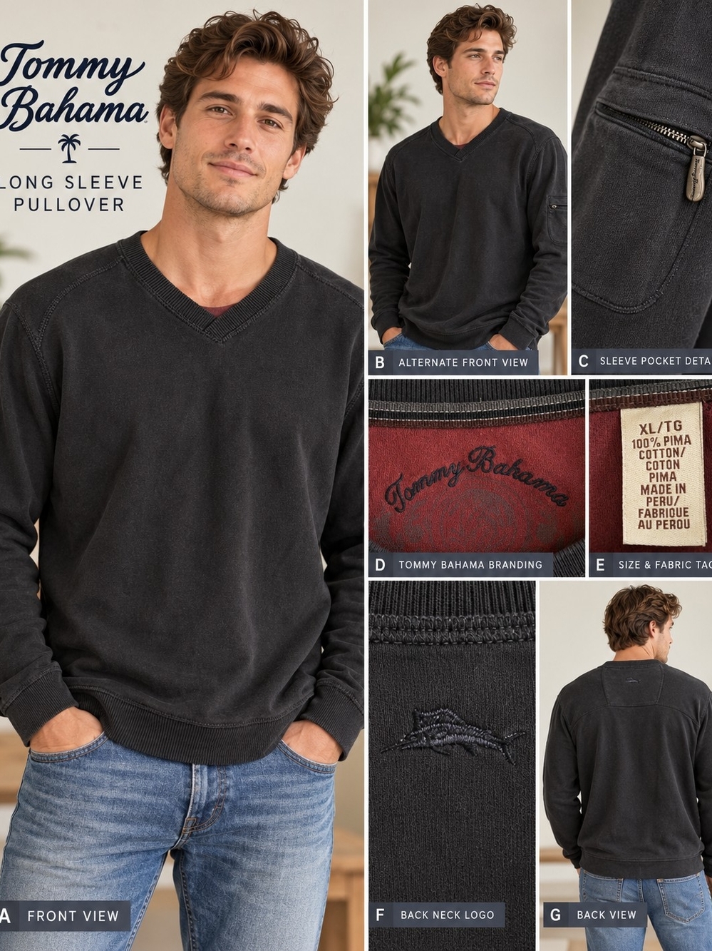 Tommy Bahama Men's Long Sleeve V-Neck Pullover Sweater - Black